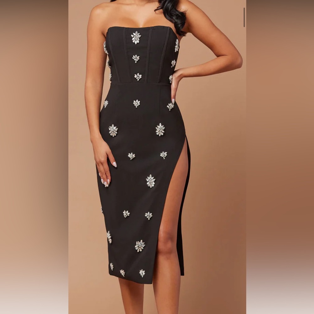 Liya embellished Midi Dress Black Fashionova Black Slit dress